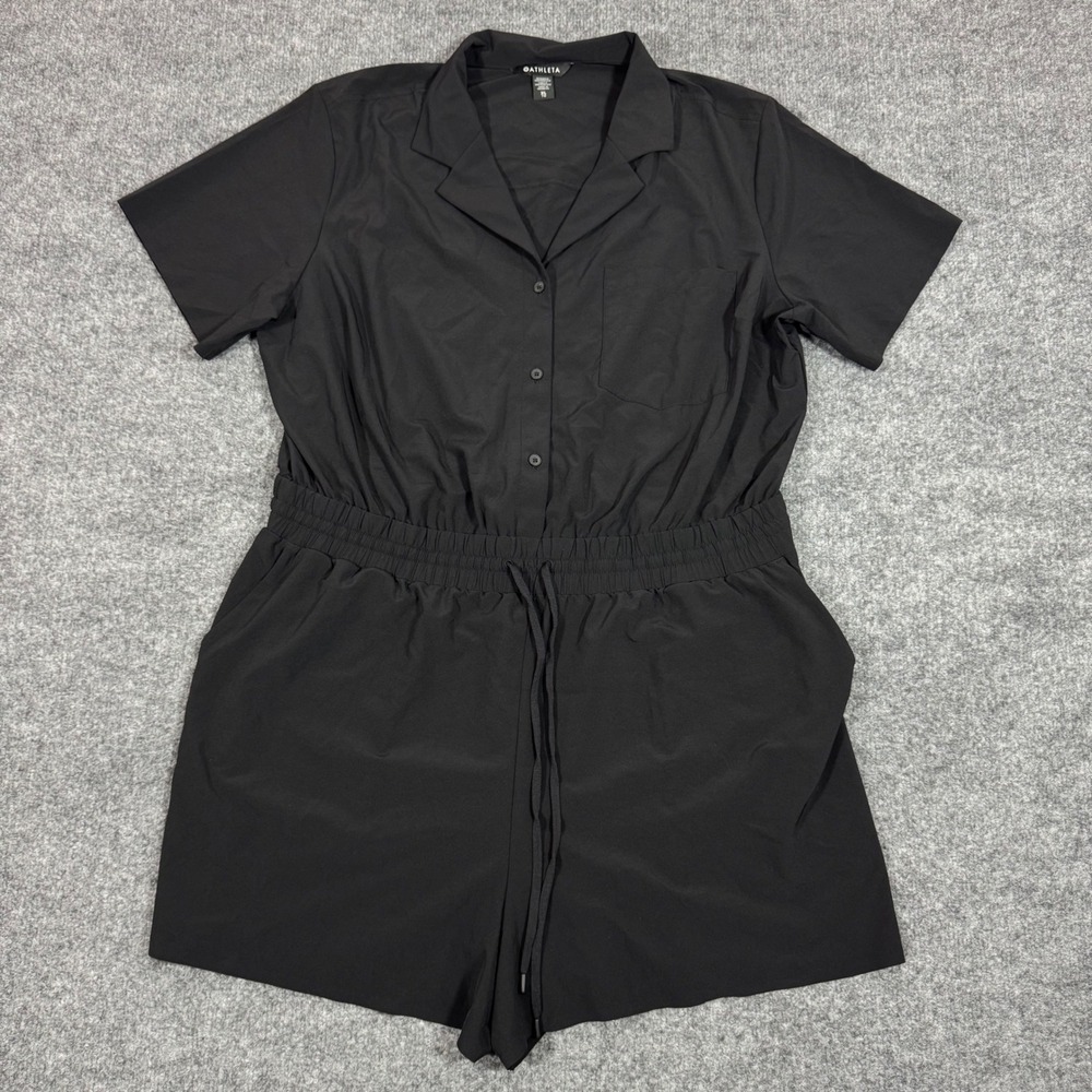 Athleta Short Sleeve Button Front Romper Womens XL Black Polyester Spandex EUC